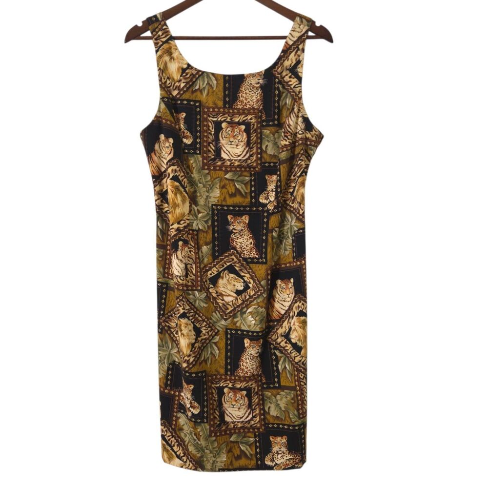 Vintage 80s 90s Leopard Tiger Giraffe Print Mini Dress Safari Sz 12 Pencil Sexy